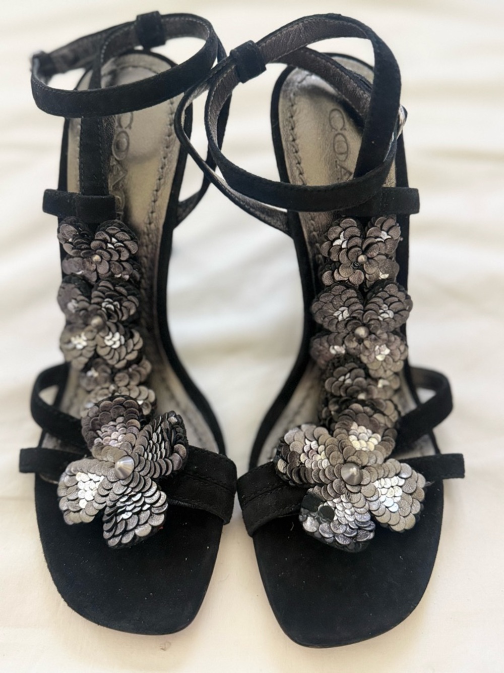 Coach Black Suede T-Strap Heels with Silver Sequin Floral Detail